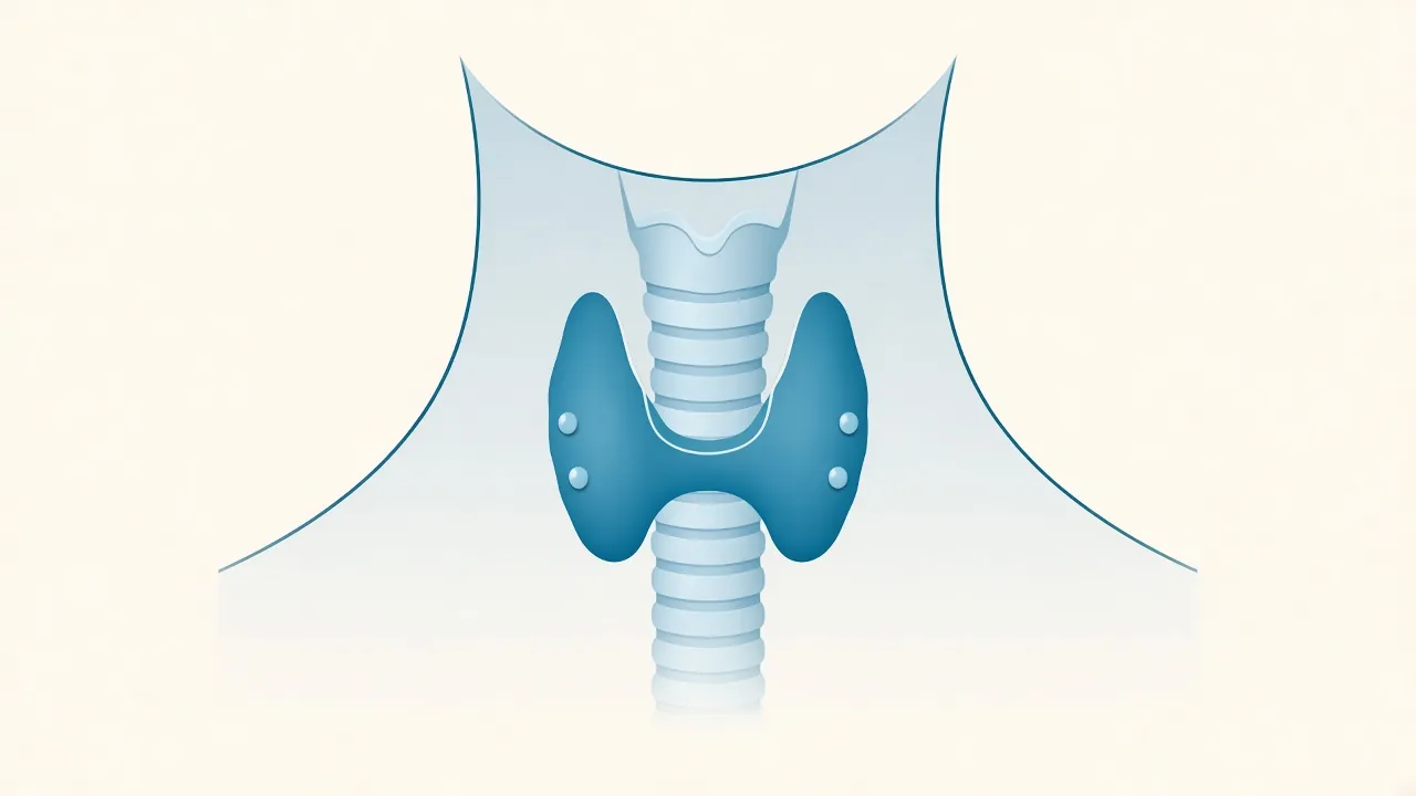 Ilustración de la glándula tiroides en el cuello, sobre la tráquea